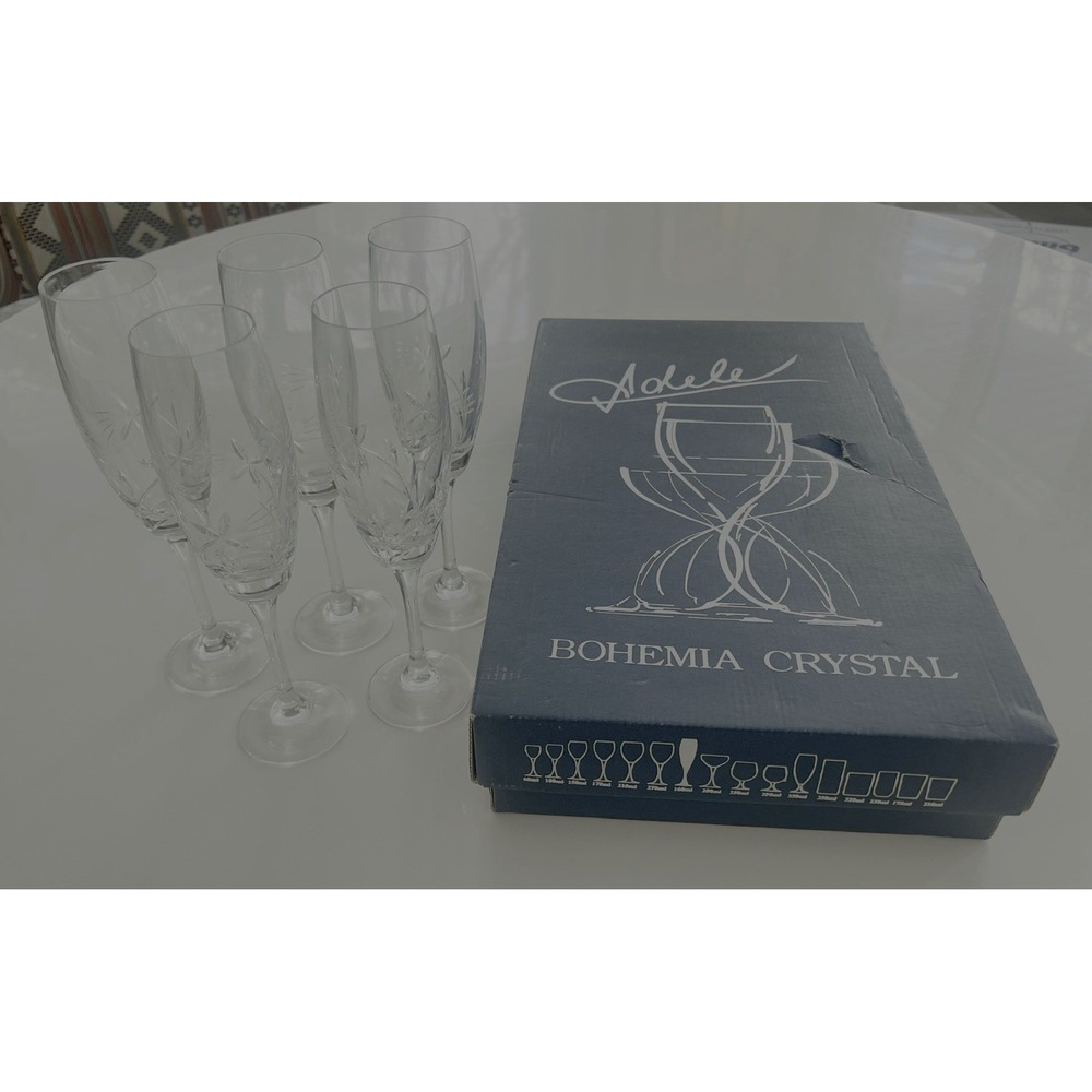 5 Vintage Adele Bohemia Crystal Champagne Flutes  160ml Czech Republic